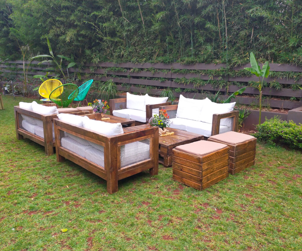 Mesh Bench with White Cushions