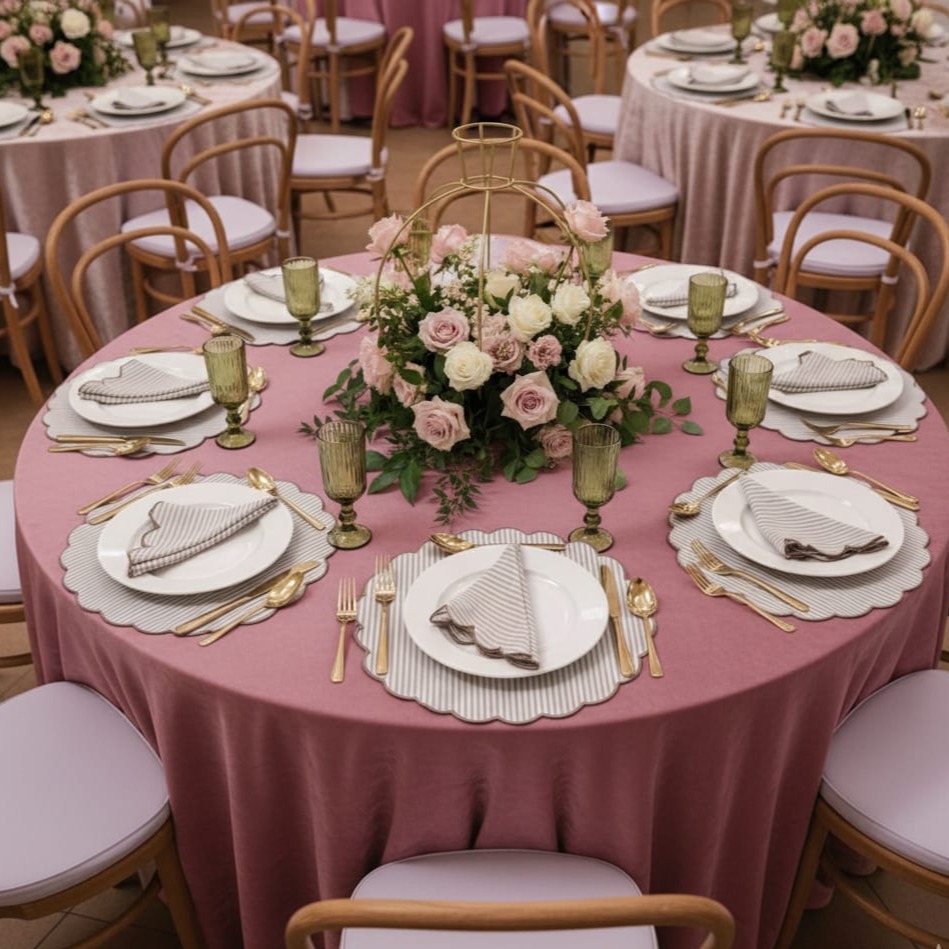 Dusty Rose Linens paired with Cottage Striped Napkins