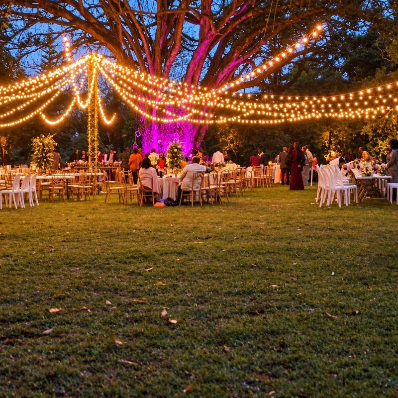 The wedding reception setup in the evening at Zereniti Gardens, Limuru.
